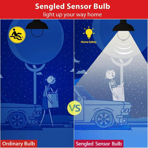 Motion Activated A19 LED Dusk To Dawn Light Bulbs, 5000K Daylight, Indoor Outdoor 8.8W 60W Equivalent, 800 Lumens, Lights Up Porch Garage Hallway On Motion, 2 Pack comparison graphic showing ordinary bulb versus sensor bulb