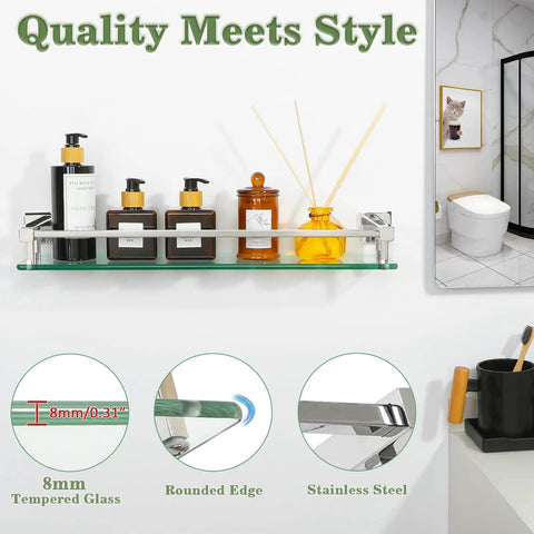 20 Inch Glass Shelf For Bathroom Wall Mounted Polished Chrome Floating Shelves With 8mm Tempered Glass And SUS304 Stainless Steel Brackets