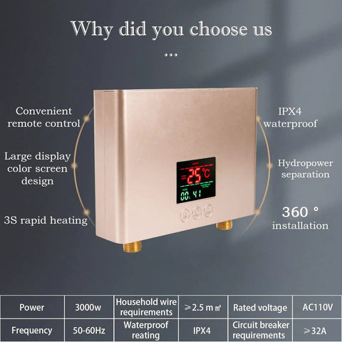Front view of 5500W Tankless Under Sink Hot Water Heater 110V Thermostatic Instant On Demand Water Heater with digital display