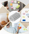 Collage showing uses of 660 Piece Tiny Magnet Set with assorted size variants for fridge, whiteboard, crafts in classroom setting