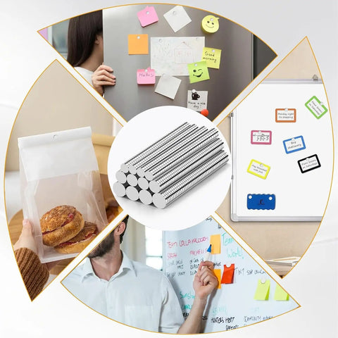 Collage showing uses of 660 Piece Tiny Magnet Set with assorted size variants for fridge, whiteboard, crafts in classroom setting