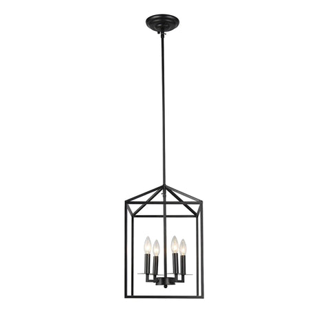 Four Light Lantern Pendant Lamp With Iron Openwork Frame For Island Kitchen And Foyer Black Finish 12.5 Inch Ceiling Fixture