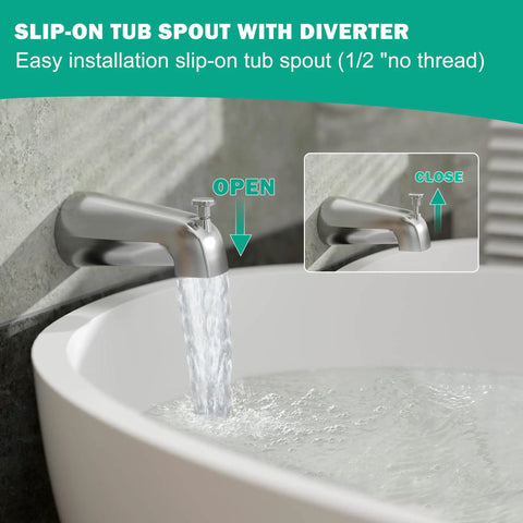 Chrome slip-on tub spout with diverter on bathtub, feature of Tub And Shower Faucet Set With Rain Shower Head Chrome Tub Spout Single Handle Trim Kit Valve Included High Pressure Rain Shower For A No Brainer Bath Upgrade.