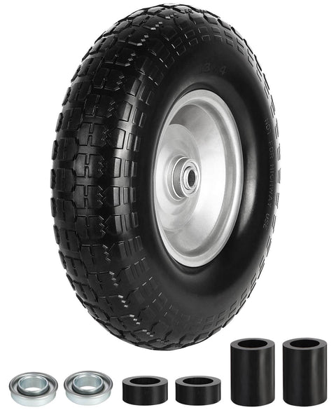 13 Inch Flat Free Wheelbarrow Tire 4.00 6 Heavy Duty With Universal Solid Tire And Five Eighth Inch Bearing Plus Three Quarter Inch Bearing Kit Replacement Wheel For Wheelbarrow Hand Truck Garden Includes Adapter Kit