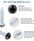 Top Shelf Pan Head Self Tapping Screws For Rv Campers And Pickup Trucks Number Eight Size One Inch Long Black Finish Alloy Steel Kit Comes With 100 Pieces Built Tough And Rust Free showing pan head screw details.