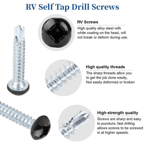 Top Shelf Pan Head Self Tapping Screws For Rv Campers And Pickup Trucks Number Eight Size One Inch Long Black Finish Alloy Steel Kit Comes With 100 Pieces Built Tough And Rust Free showing pan head screw details.