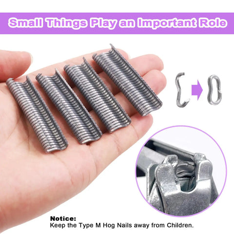 Close-up of hand holding Pro Grade 601 Piece Upholstery Type M Nail Ring Pliers Kit with M nails and rings.