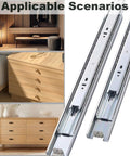 Heavy-duty metal drawer slides next to cabinet with 10 Pack 12 Inch Full Extension Drawer Slides With Ball Bearing, Side Mount, Soft Close Option, Quiet Heavy-Duty Metal Runners For Cabinets And Furniture, Easy Install For 12 Inch Drawers.