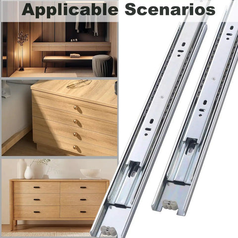 Heavy-duty metal drawer slides next to cabinet with 10 Pack 12 Inch Full Extension Drawer Slides With Ball Bearing, Side Mount, Soft Close Option, Quiet Heavy-Duty Metal Runners For Cabinets And Furniture, Easy Install For 12 Inch Drawers.