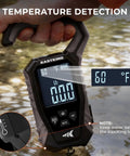 WeighMaster Mechanical Digital Fishing Scale With Lip Gripper 120 Lb Capacity showing temperature detection in water
