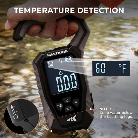 WeighMaster Mechanical Digital Fishing Scale With Lip Gripper 120 Lb Capacity showing temperature detection in water