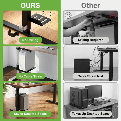 Comparison of Under Desk PC Mount With Slick No Nonsense Clamp For Standing Workspaces demonstrating no drilling and space-saving features.