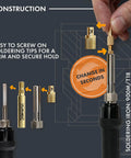 7X Soldering Tips And Heat Set Insert Tips For Thread Inserts M2 To M8 And Threaded Inserts Sizes Two Fifty Six To Ten Twenty Four One Quarter Inch Soldering Iron Adapter For 900M And T18 Pro Grade Soldering Accessory shown with tips and adapter.