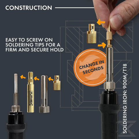 7X Soldering Tips And Heat Set Insert Tips For Thread Inserts M2 To M8 And Threaded Inserts Sizes Two Fifty Six To Ten Twenty Four One Quarter Inch Soldering Iron Adapter For 900M And T18 Pro Grade Soldering Accessory shown with tips and adapter.