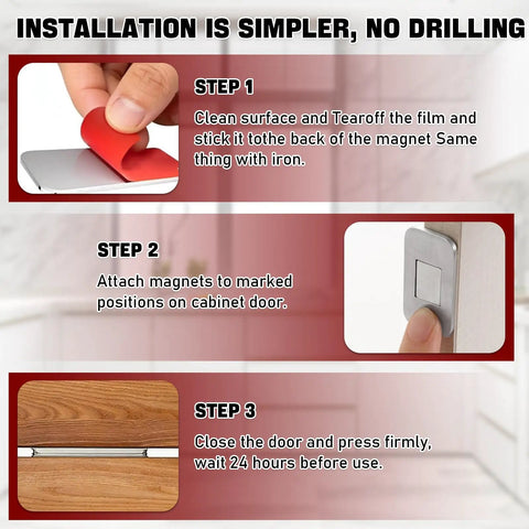 Installation steps for Ultra Thin Magnetic Cabinet Door Catch Set, 14 Pack Adhesive Drawer Latch, no-drill and strong hold