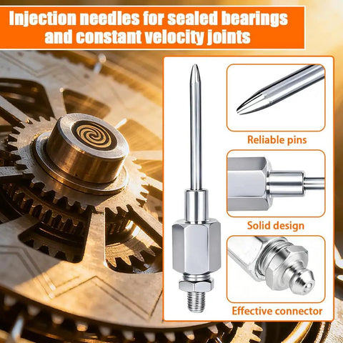 Close-up of 7 Piece Grease Gun Needle Tip And Nozzle Accessory Kit For Automotive Maintenance And Car Repair Designed For Precision Lubrication And Easy Fittings Everyday DIY Folks highlighting needle tips and pins.