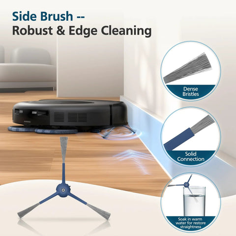 Front view of Omni C20 accessory kit for eufy Omni C20 robot vacuum; blue three-armed brush and replacement parts.