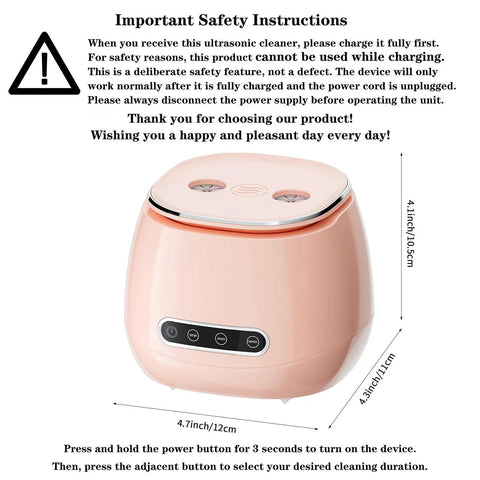 48kHz Ultrasonic Retainer Cleaner For Dentures And Aligners, Seriously Cleans Bacteria And Grime From Tiny Crevices, Safe For Braces, Easy Daily Dental Care Gadget That Keeps Your Smile Fresh And Ready For The Day. Pink 200ml ultrasonic cleaner with safety instructions and timer buttons