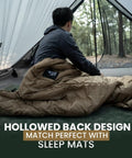 Ultralight Sleeping Quilt For Backpacking And Hammock Camping, 40 Degree Warmth With Footbox in a tent, side view.