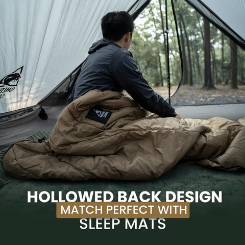 Ultralight Sleeping Quilt For Backpacking And Hammock Camping, 40 Degree Warmth With Footbox in a tent, side view.