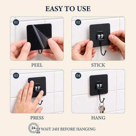 Black Self Adhesive Wall Hooks 10 Pack Heavy Duty Peel And Stick Mounting Brackets No Drill Hanging Rack installation process step-by-step.