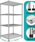 Illustration of Beefy 4 Tier Wire Shelving Unit With 24 Inch Depth For Kitchen Garage Or Pantry Storage, Steel Shelves Support Up To 550 Lbs Each, Total 2200 Lbs Capacity, Adjustable Racking, 24 X 30 X 59 Inches with details on wheels and clips.