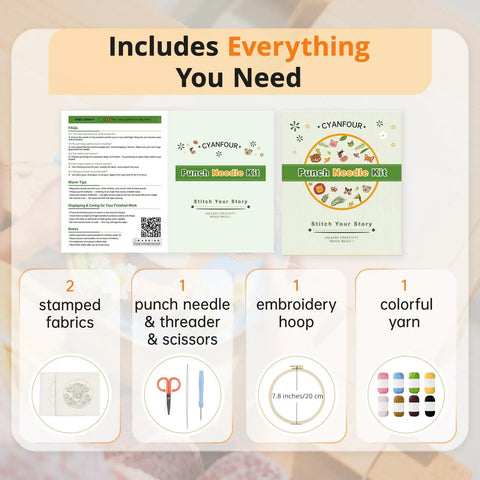 No Fuss Easy Starter Punch Needle Kit for Adults With Highland Cow Design Includes Two Pre Printed Fabrics Embroidery Hoop Threads and Clear Video Tutorials An All In One DIY Gift and Home Decor 20 by 20 cm components display