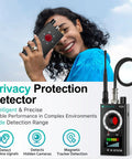 Woman using Hidden Camera Detector And RF Spy Finder For Hotels, Travel, Car, Office, And Home Privacy Protection device.