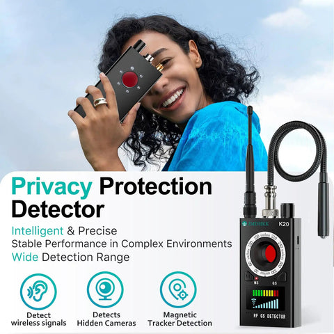 Woman using Hidden Camera Detector And RF Spy Finder For Hotels, Travel, Car, Office, And Home Privacy Protection device.