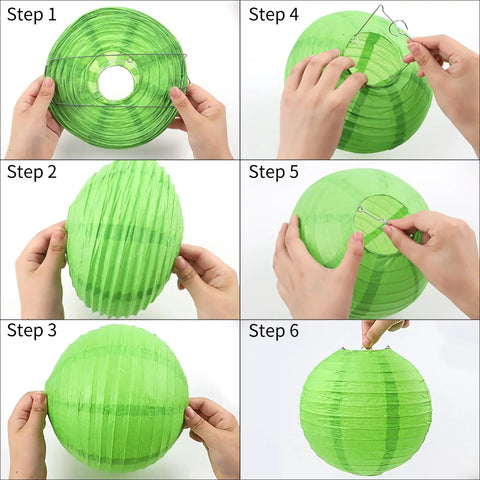 Assembly steps for green lantern from Colorful Paper Lantern Set 16 Multi Color Hanging Lanterns in 4, 6, 8, 10 Inch Sizes with 5m Ribbon