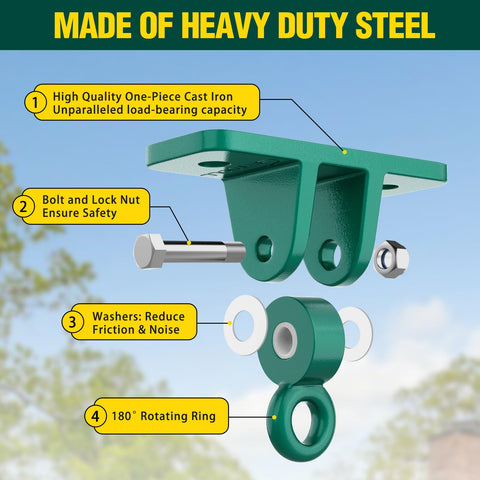 Diagram of green heavy duty steel swing hanger from Heavy Duty Swing Set Brackets Bundle With Two A Frame Brackets Four Swing Hangers