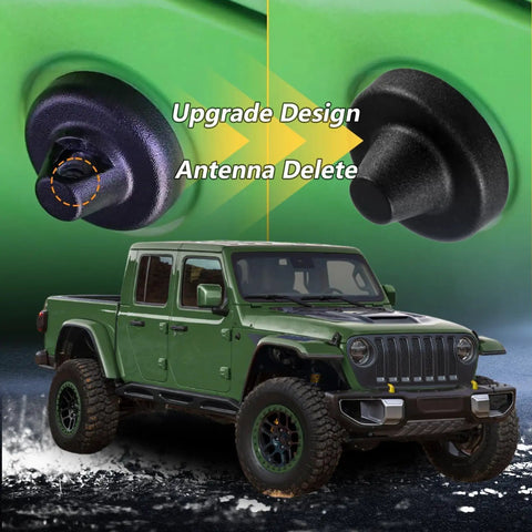 Ditch The Mast Antenna Delete Cap And Base Cover For Jeep Wrangler And Gladiator on green vehicle