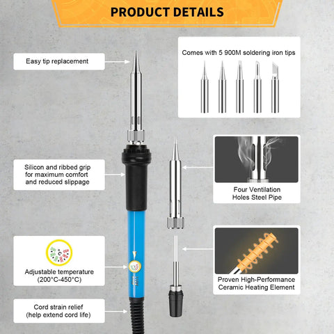 Legit 60W Soldering Iron Kit With Five Durable Replaceable Tips And Reliable Temp Control Dial for circuit fixes and soldering projects.