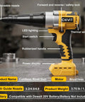 Top Tier Cordless Electric Rivet Gun Tool Only Fits Standard 20V Batteries With A Slick One Touch Forward Reverse Switch, showcasing key features.