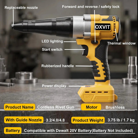 Top Tier Cordless Electric Rivet Gun Tool Only Fits Standard 20V Batteries With A Slick One Touch Forward Reverse Switch, showcasing key features.