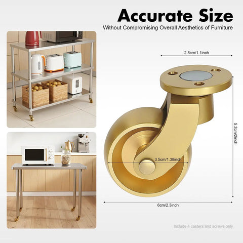 Heavy Duty Brass Casters Set Of Four With Rock Solid Dual Bearings And Sweet Gliding Mobility For Vintage Furniture Moving Easy On Wood Floors Without Scratches Includes Simple Plug And Play Mounting Kit For Tables And Workbenches, detailed view of individual caster size and design.