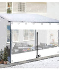 Badass Heavy Duty Clear Vinyl Curtains Featuring Solid Zipper And Steel Grommets For Pergolas And Gazebos Waterproof White Transparent Rain Side Panels Game Changing Tarpaulin 5X7 Feet installed on a gazebo in snowy weather.