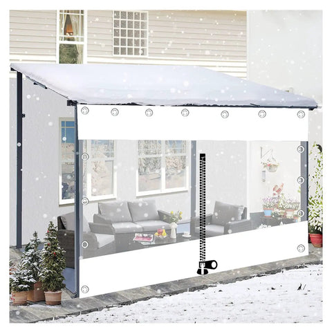 Badass Heavy Duty Clear Vinyl Curtains Featuring Solid Zipper And Steel Grommets For Pergolas And Gazebos Waterproof White Transparent Rain Side Panels Game Changing Tarpaulin 5X7 Feet installed on a gazebo in snowy weather.