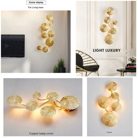 Five Head Gold Lotus Leaf LED Indoor Wall Light Fixture, stainless steel modern wall lamp displayed in living room scene