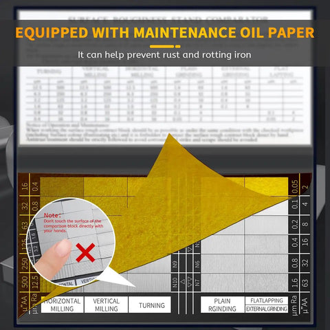 Surface Roughness Standards Set For Calibration And Quality Control, 30 Specimens With Ra0.05 To 12.5 Micron Finish, Built Tough From 45 Carbon Steel For No Sweat Lab Testing. reference chart with Ra scale