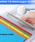 Portable 3 Hole Punch For 3 Ring Binders With One Quarter Inch Holes in use, demonstrating 5 sheets capacity and placement guide