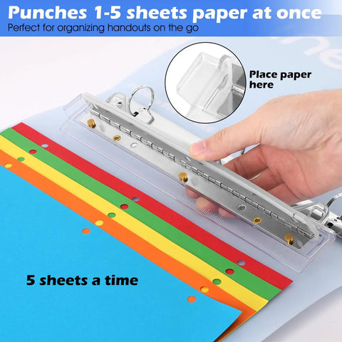 Portable 3 Hole Punch For 3 Ring Binders With One Quarter Inch Holes in use, demonstrating 5 sheets capacity and placement guide