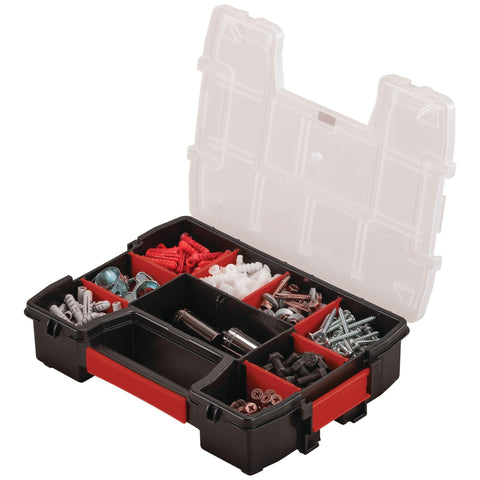 10-Compartment Small Tool Storage Organizer made from durable plastic with removable dividers, showing open lid with compartments