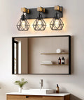 Three Light Farmhouse Vanity Light Fixtures With Wood Accents And Rustic Metal Lampshades over bathroom mirror