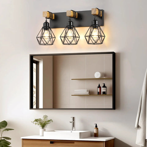 Three Light Farmhouse Vanity Light Fixtures With Wood Accents And Rustic Metal Lampshades over bathroom mirror