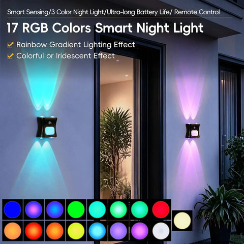 Motion Sensor Light Indoor with Remote, Rechargeable Wireless LED Sconce illuminated in rainbow colors on outdoor wall.