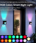 Motion Sensor Light Indoor with Remote, Rechargeable Wireless LED Sconce mounted on wall showcasing blue and purple gradient lighting.