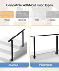 Rock Solid Heavy Duty Black Iron Handrail For Outdoor Steps And Porches Ready To Install, shown on slanted and flat surfaces.