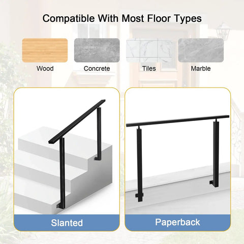 Rock Solid Heavy Duty Black Iron Handrail For Outdoor Steps And Porches Ready To Install, shown on slanted and flat surfaces.
