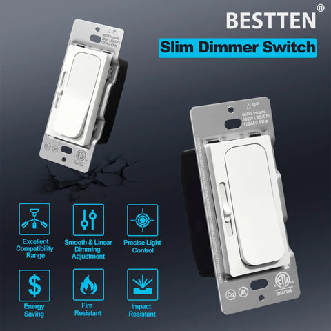 Five Pack Ultra Slim Quiet Dimmer Switches, Smooth Slide Dimming For Single Pole And 3 Way Wiring, Compatible With LED CFL Incandescent Halogen Bulbs, ETL Listed White shown with features
